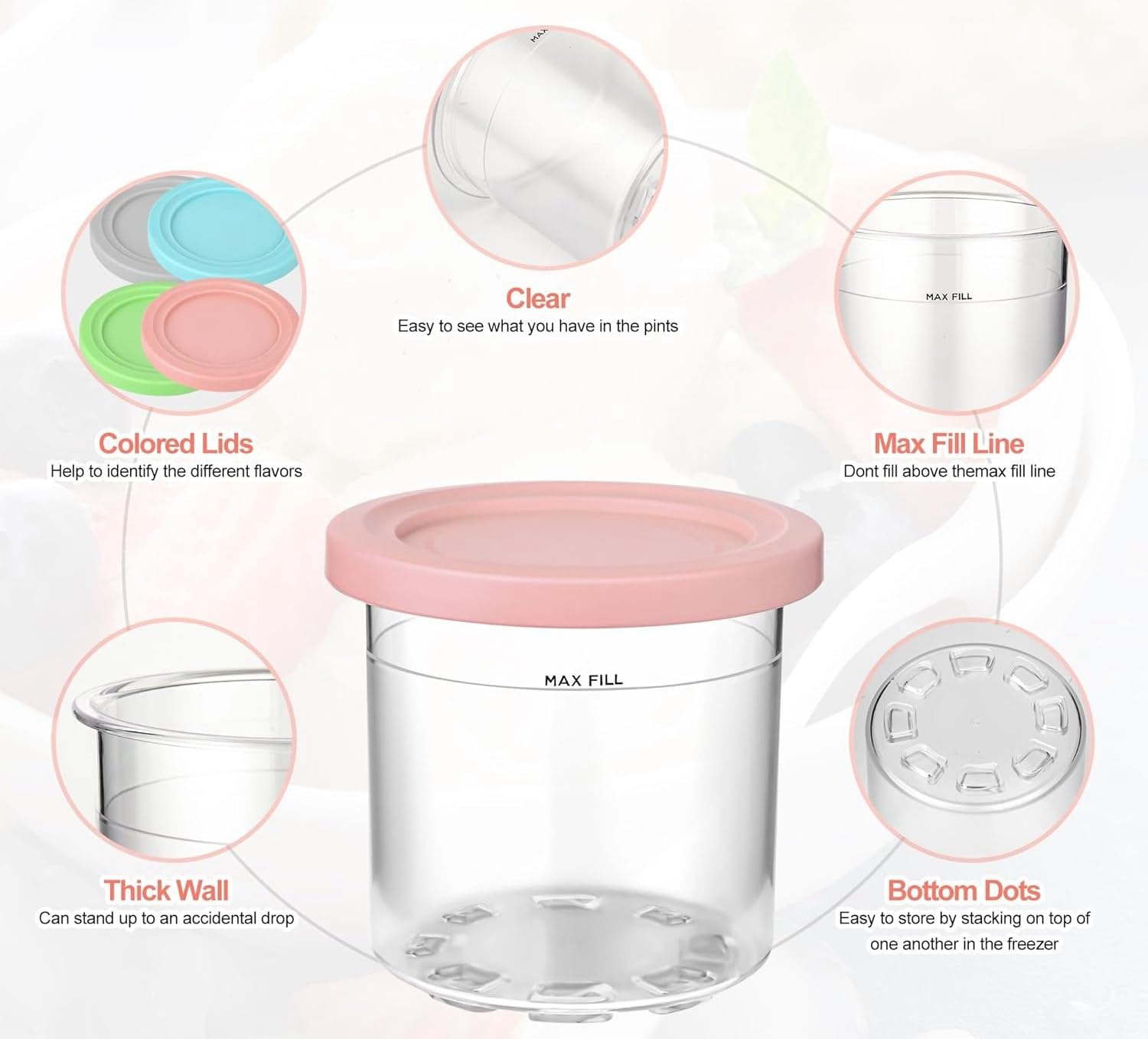 4 Pack Ice Cream Pints and Lids Compatible with Ninja NC300 NC301 NC299AMZ Series Creami Ice Cream Makers,BPA-Free,Dishwasher Safe,Color Lids,(16oz Cups) (NC301 Series 4)