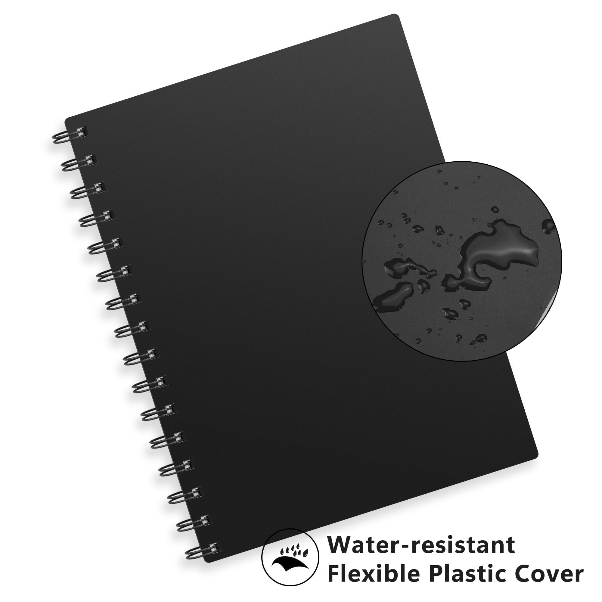 RETTACY Dotted Journal Notebook, 300 Pages, A5 Medium Size (14.5 x 21 cm), 100 GSM Thick Paper, Flexible Plastic Cover, Spiral-bound, for Journaling, Planning, Tracking (Black)
