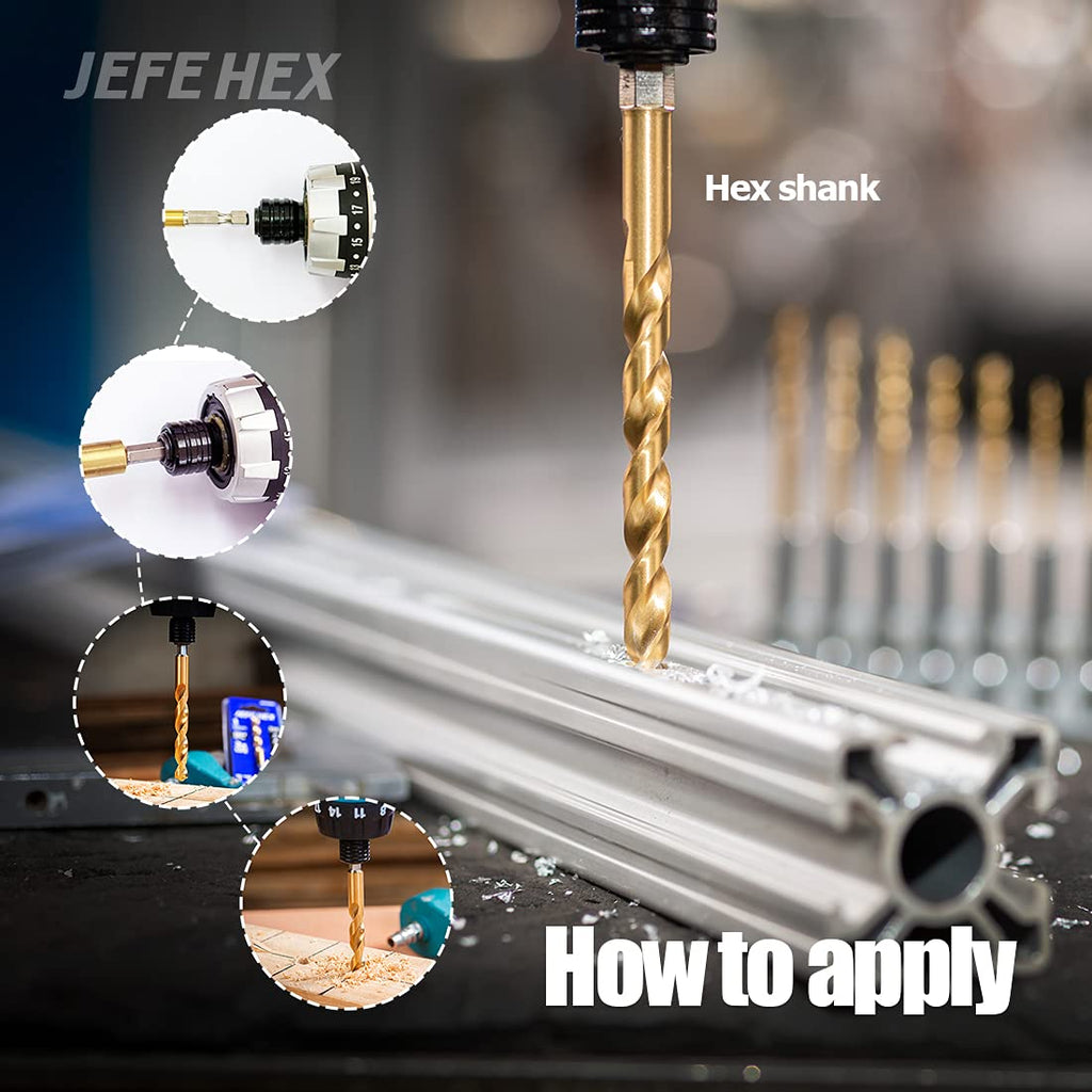 JEFE HEX 13-Piece Drill Bits Set-1/16" 5/64" 3/32" 7/64" 1/8" 9/64" 5/32" 11/64" 3/16" 13/64" 7/32" 15/64" 1/4", Hex Shank Drill Bit Set for Quick Change, Titanium HSS Twist Drill Bits, 135 Degree Easy Cut Split Point, Ideal for Wood, Steel, Copper, Alumi