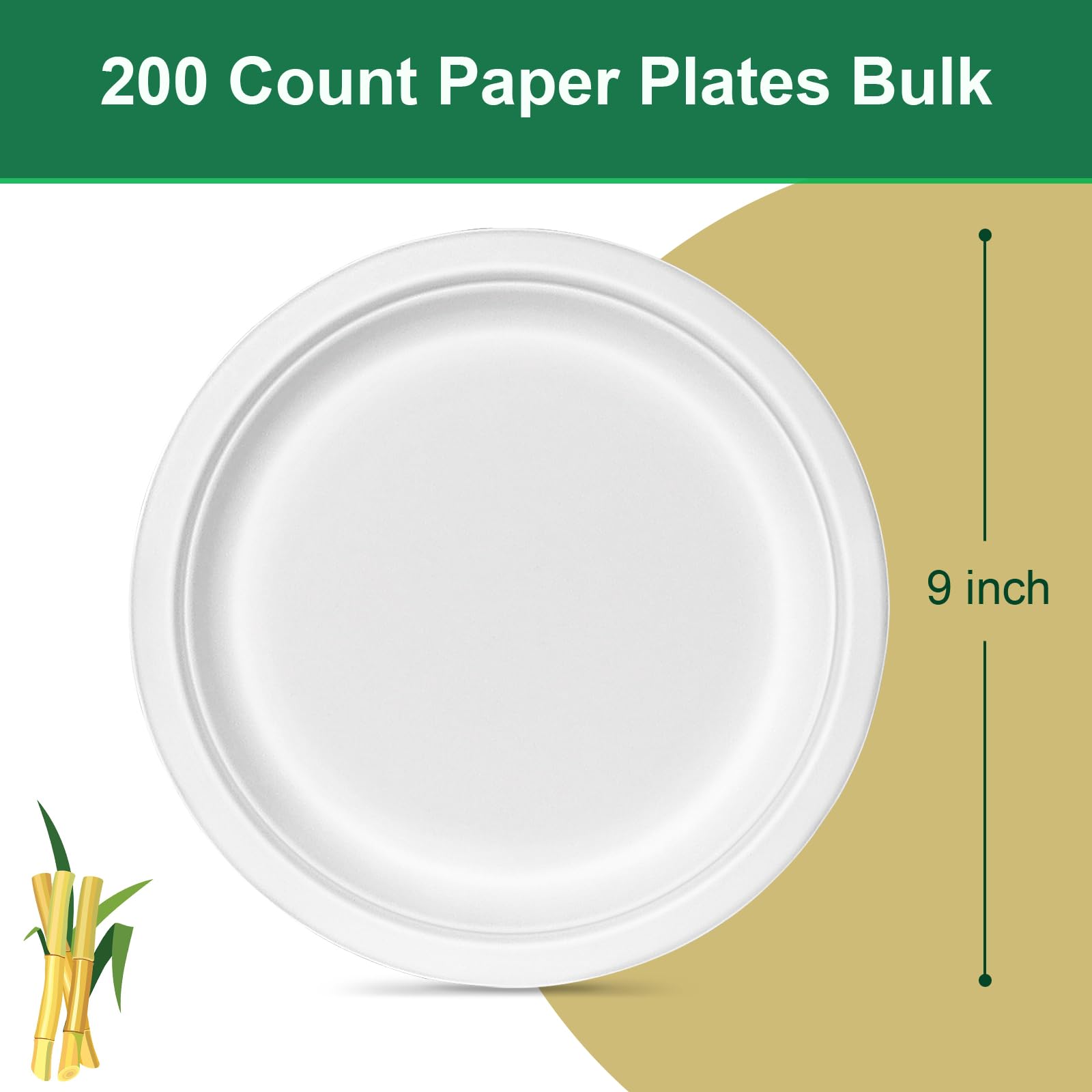Uniecocus Disposable Paper Plates 9 inch, 200 Pack White Paper Plates Bulk, Eco Friendly Biodegradable Compostable Plates, Sturdy Dinner Paper Plates Heavy Duty for Party Wedding