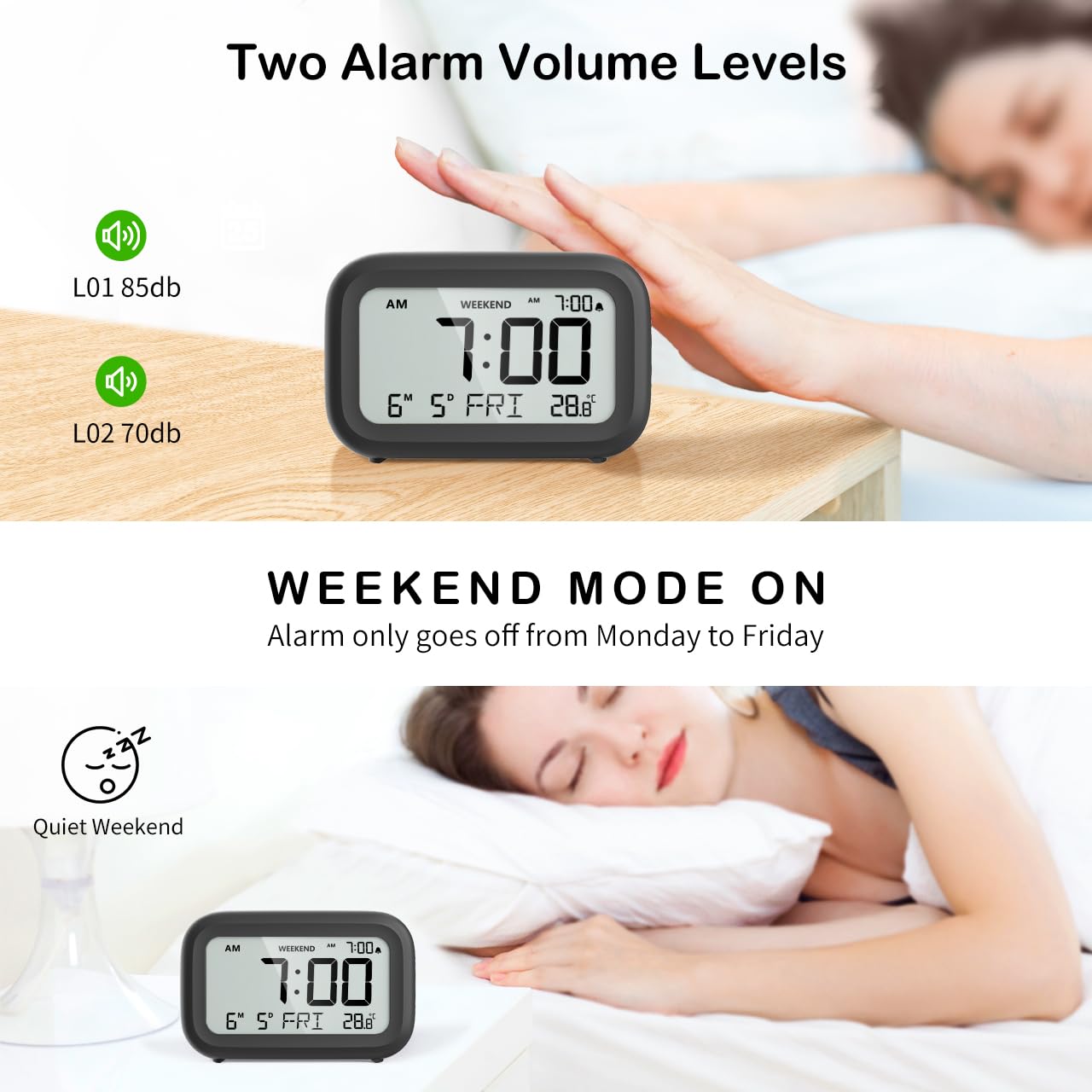 DOOMAY Digital Alarm Clock Bedside - Battery Powered Clock with LCD Display Volume Adjustable Snooze and Weekend Mode for Bedroom Office Desk Travel (Black)