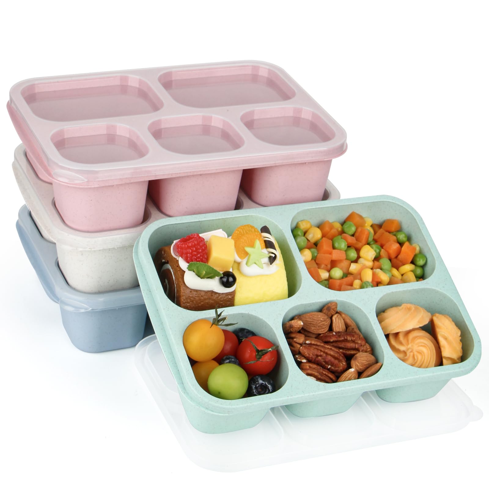 Lunbxx Bento Lunch Boxes - Reusable 5-Compartment Food Lunchables Containers, Snack Boxes for Adults Container for School, Work, and Travel, Set of 4 (Wheat)