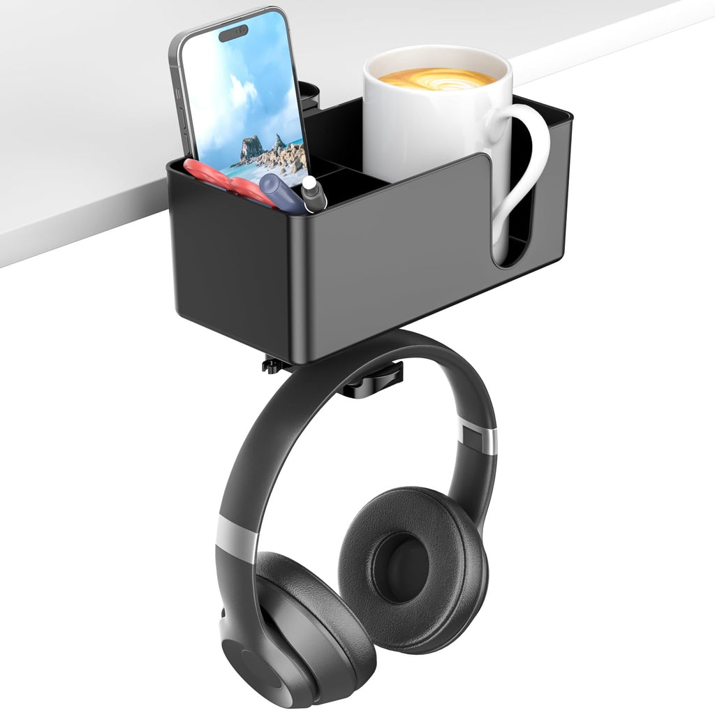 KDD 4 in 1 Desk Organizer - Under Desk Headphone Hook with 2 Wire Holes - Rotating Headphone Hanger and Detachable Storage for Cup, Phone and Pen(Black)