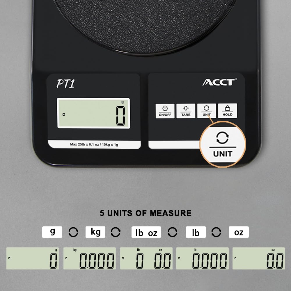 ACCT Postal Scale, 25lb-0.1oz High Accuracy, Shipping Scale for Office/Small Business/Mail/Envelope, 5 Units, Hold Function, Postage Scale with Battery