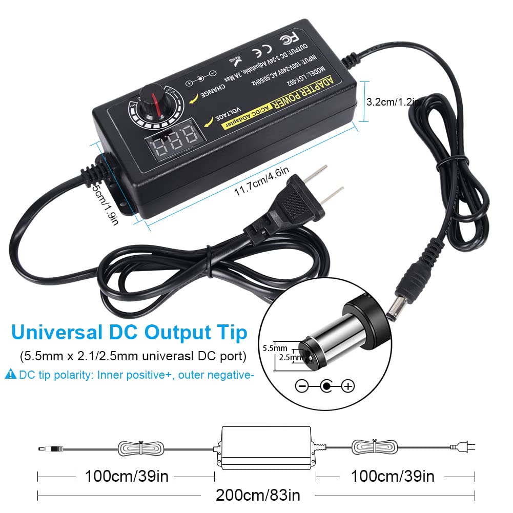 72W Power Supply Adjustable DC 3V ~ 24V Variable Universal Switching AC/DC Adapter 100V-240V AC to DC Converter with 14 Tips & Polarity Converter, for 3V to 24V Household Electronics - 3000mA