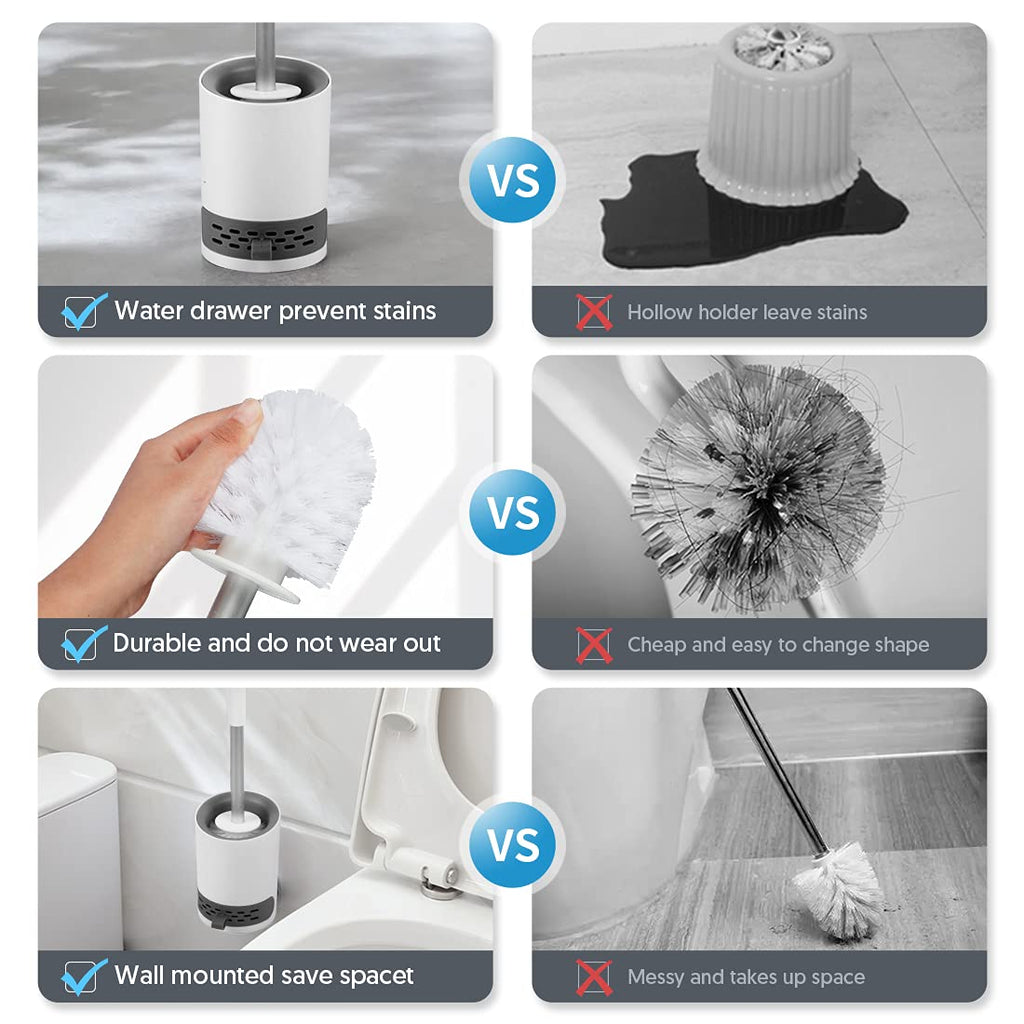 Domi-patrol Toilet Brush and Holder Set 2 Pack, White, Hard Bristle Nylon Toilet Bowl Brushes with Stainless Steel Holder