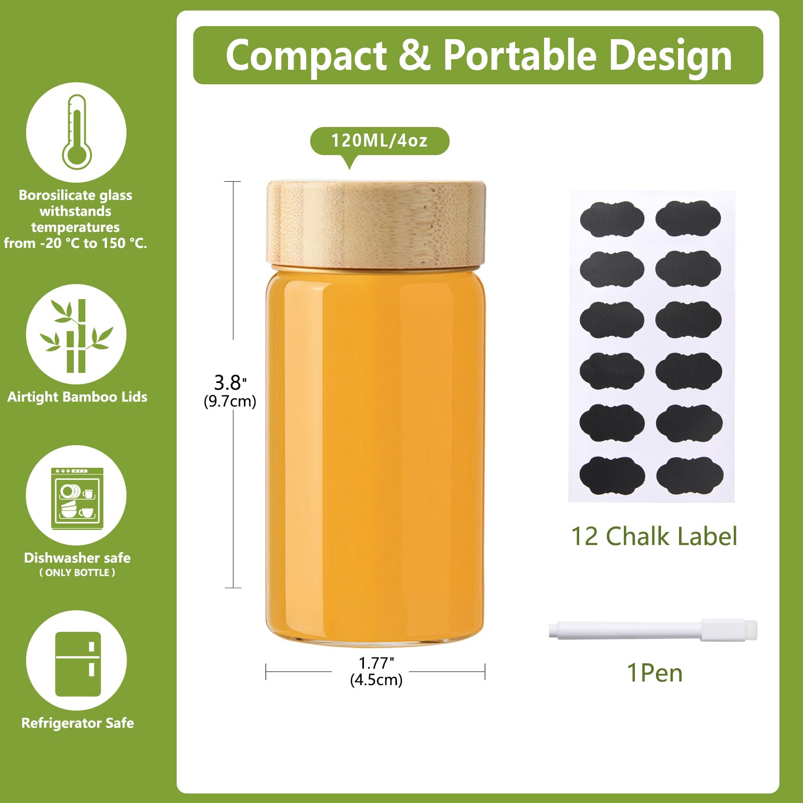 BPFY 12Pack 120ml Small Ginger Shots Bottles, Reusable Glass Wellness Shot Bottles with Lids, 4oz Mini Glass Bottle for Juice Shots, Homemade Beverages, Liquid