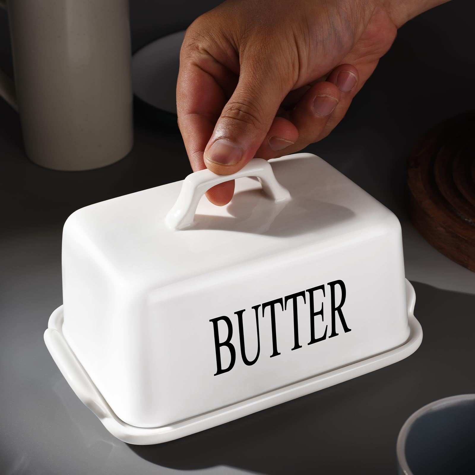 KAIBARE Large Butter Dish for Canadian 1 LB of Butter, Porcelain Butter Keeper with Handle Lid Fit a Whole Pound Block of Butter, Ceramic Butter Storage for Countertop, Butter Container, Color: White