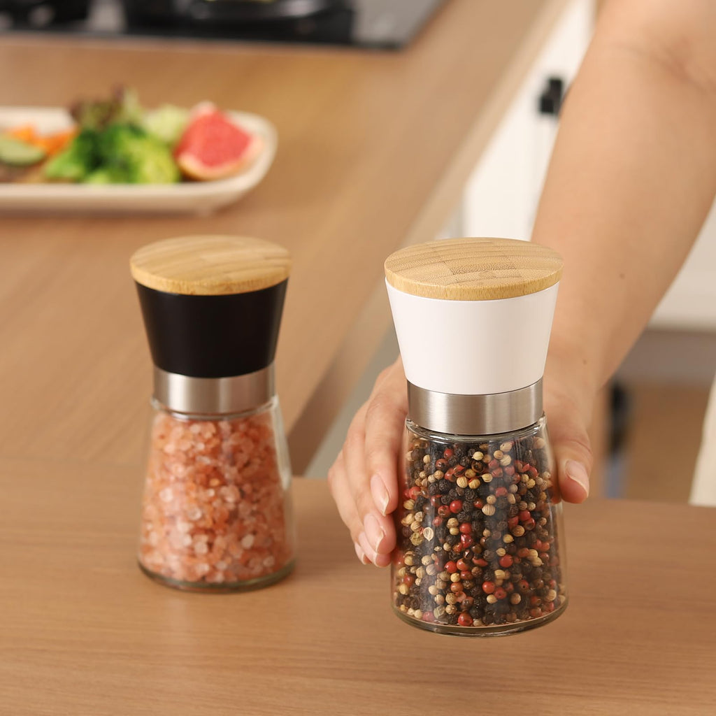 Vucchini Manual Salt and Pepper Grinder Set Bamboo Lid - Adjustable Coarse Salt and Pepper Mills - Refillable Ceramic Burr Kitchen Gift Salt Pepper Shakers Black&White