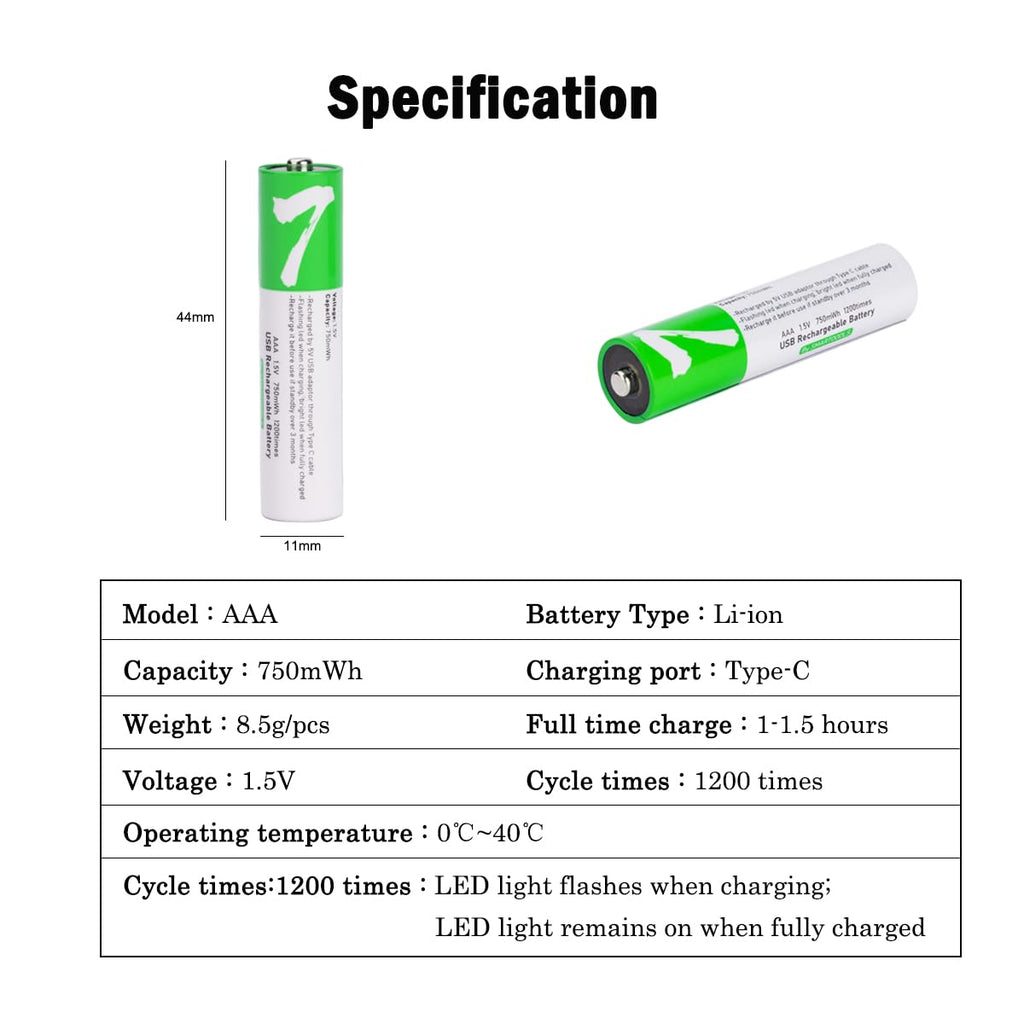 USB AAA Lithium ion Rechargeable Battery, 1.5V 750mWh Rechargeable AAA Battery, 1 H Fast Charge, 1200 Cycle with Type C Port Cable, Constant Output,4-Pack