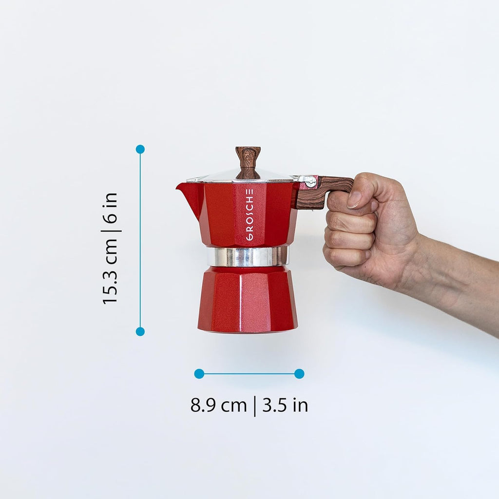 GROSCHE Milano Stovetop Espresso Maker Moka Pot 3 Espresso Cup - 5oz, Red - Cuban Coffee Maker Stove top Coffee Maker Moka Italian Espresso greca Coffee Maker Brewer Percolator