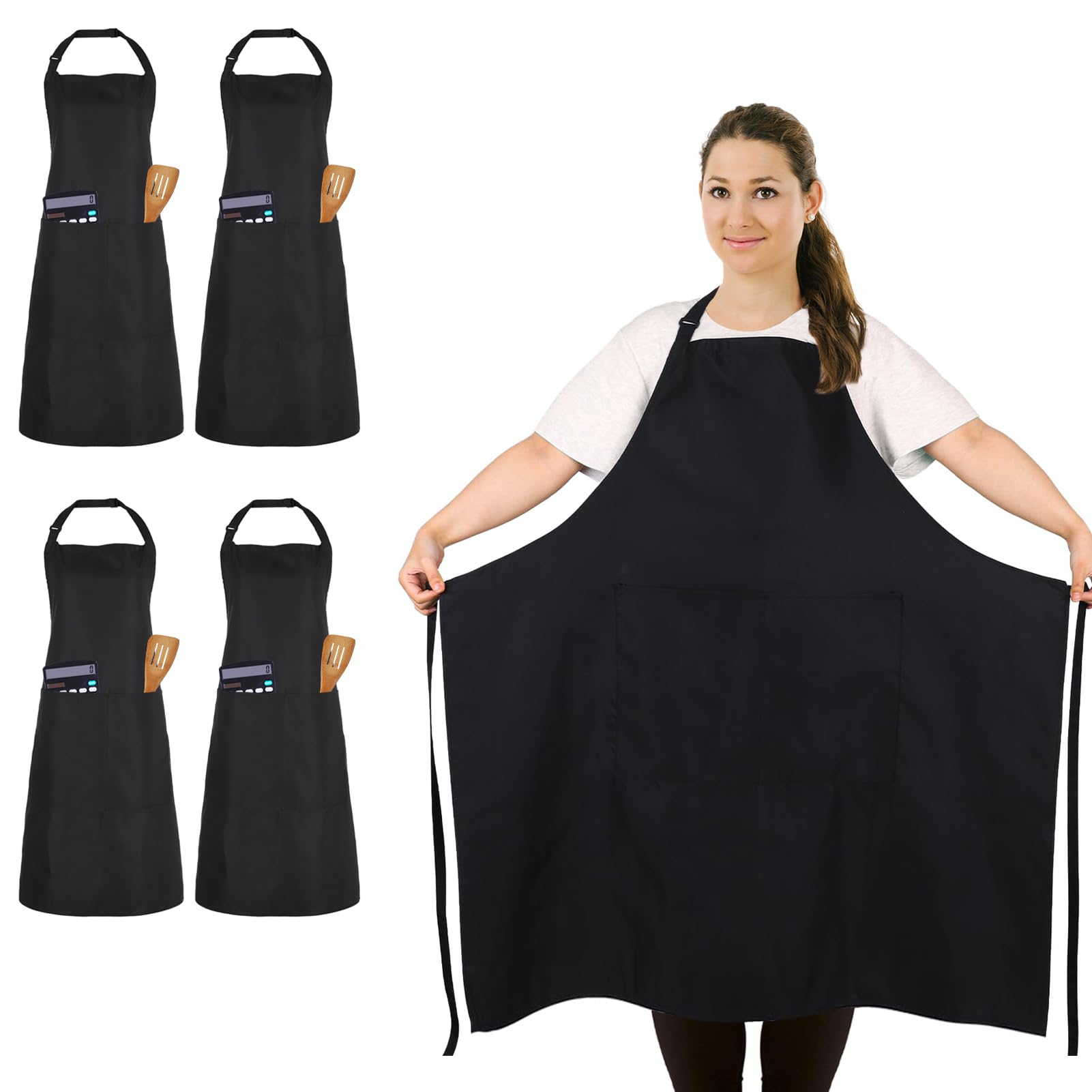 FunChaos 4 Pack Plus Size Chef Aprons, Large Kitchen Apron with 2 Pockets, Adjustable Waterproof Black Apron for Big Men and Women for Cooking, Baking, Cleaning, Gardening, BBQ