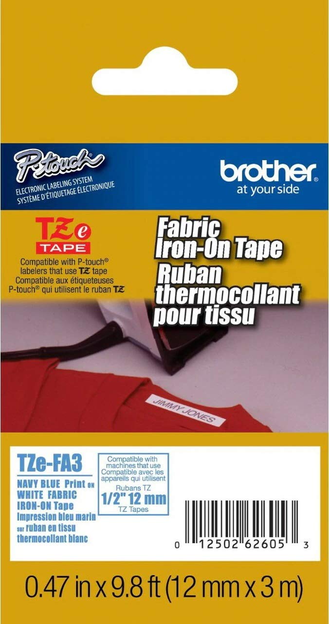 Brother Genuine TZeFA3 Navy on White Fabric Iron-on 12 mm Tape for P-Touch Label Makers