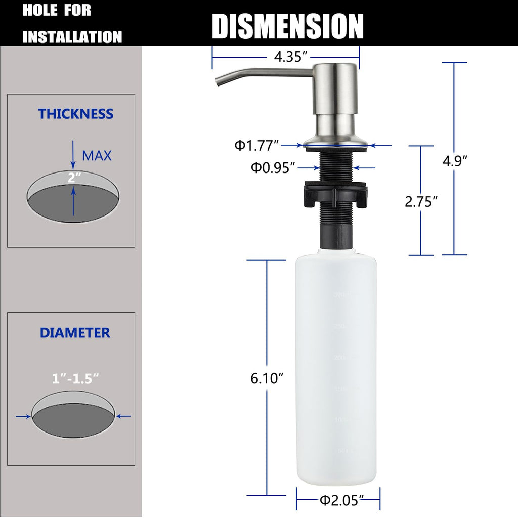 Built in Sink Soap Dispenser Brushed Nickel, Lotion Dispenser for Kitchen Sink Stainless Steel Refill from The Top Sink Soap Dispenser with 13 OZ Soap Bottle