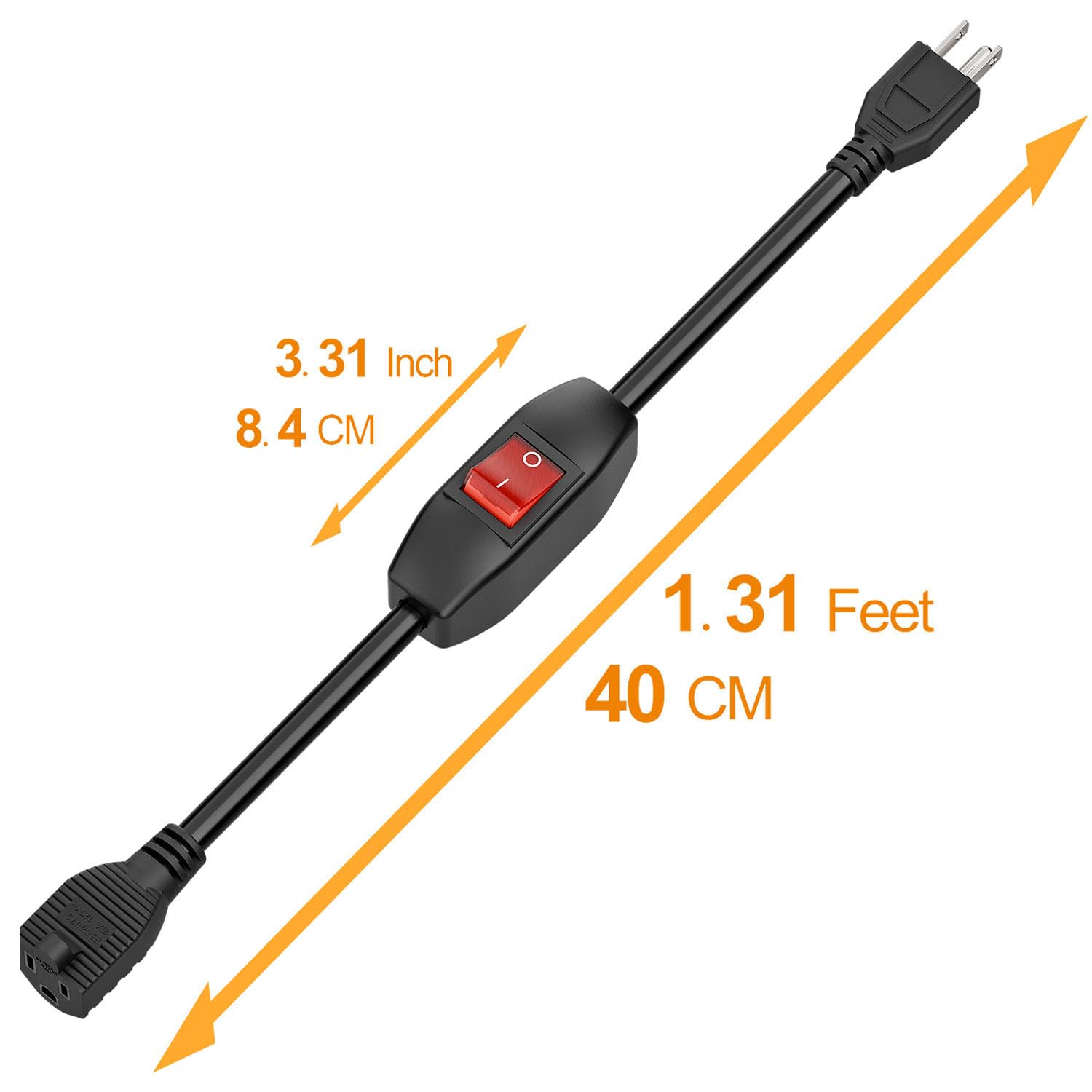 Inline On/Off Switch Extension Cord, 3-Prong Household Switchable Power Cord, Heavy Duty 23A 125V,16A 250V Double Break Switch Extension Cable, 40CM Cords