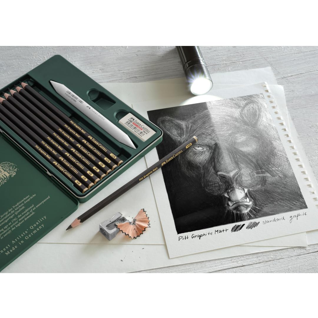 Faber-Castell Pitt Graphite Matte Pencil Set, Metal Tin of 8 Graphite Pencils and Sketching Accessories (HB, 2B, 4B, 6B, 8B, 10B, 12B, 14B), Pencil Sharpener, Eraser and Blending Stump