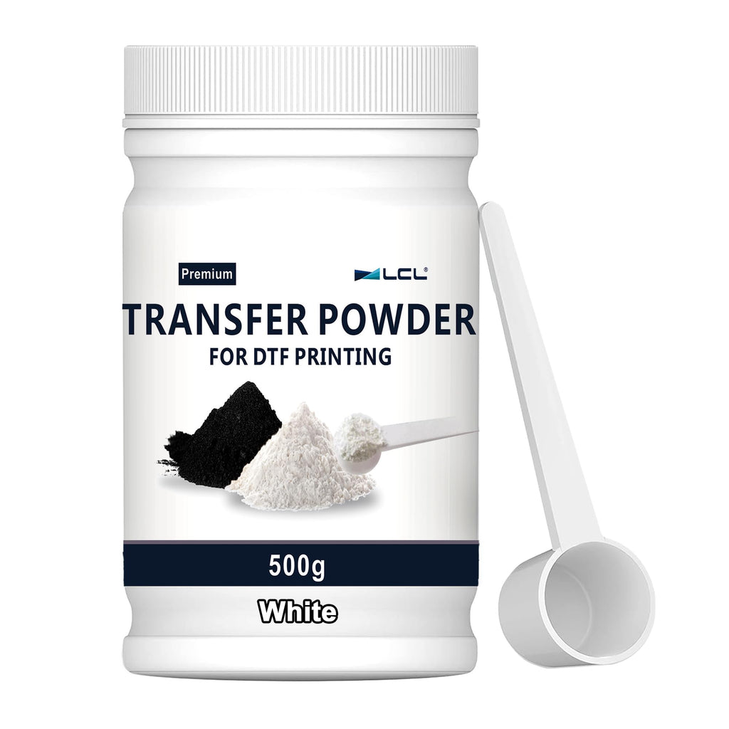 LCL DTF Powder 500g/17.6oz White Digital Transfer Hot Melt Adhesive DTF PreTreat Transfer Powder for All DTF and DTG Printers on All Fabric