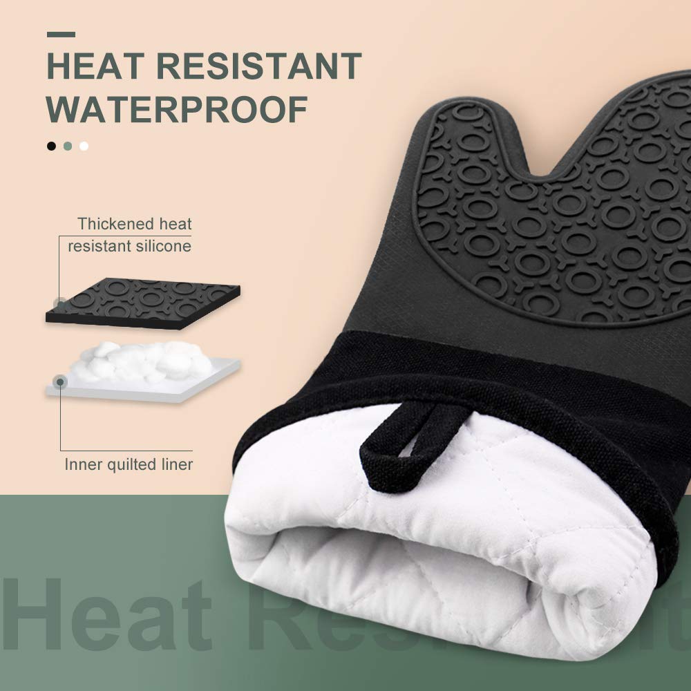 Sungwoo Extra Long Silicone Oven Mitts, Heat Resistant Oven Gloves with Quilted Liner Non-Slip Textured Grip Perfect for BBQ, Baking and Grilling - 14.6 Inch Black