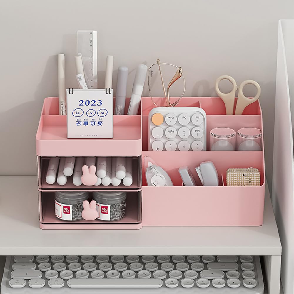 Haiansan Makeup Organizer for Vanity, Cosmetic Storage Box with Drawer, Desktop Organizer for Office Supplies, Bathroom Counter or Dresser, Gift for Girlfriend Wife Women Lady Girl (Pink)