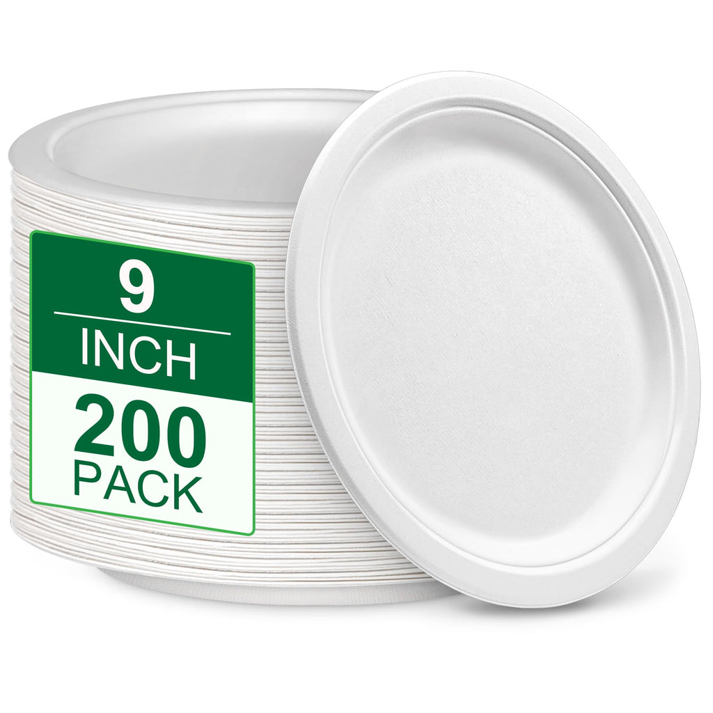 Uniecocus Disposable Paper Plates 9 inch, 200 Pack White Paper Plates Bulk, Eco Friendly Biodegradable Compostable Plates, Sturdy Dinner Paper Plates Heavy Duty for Party Wedding