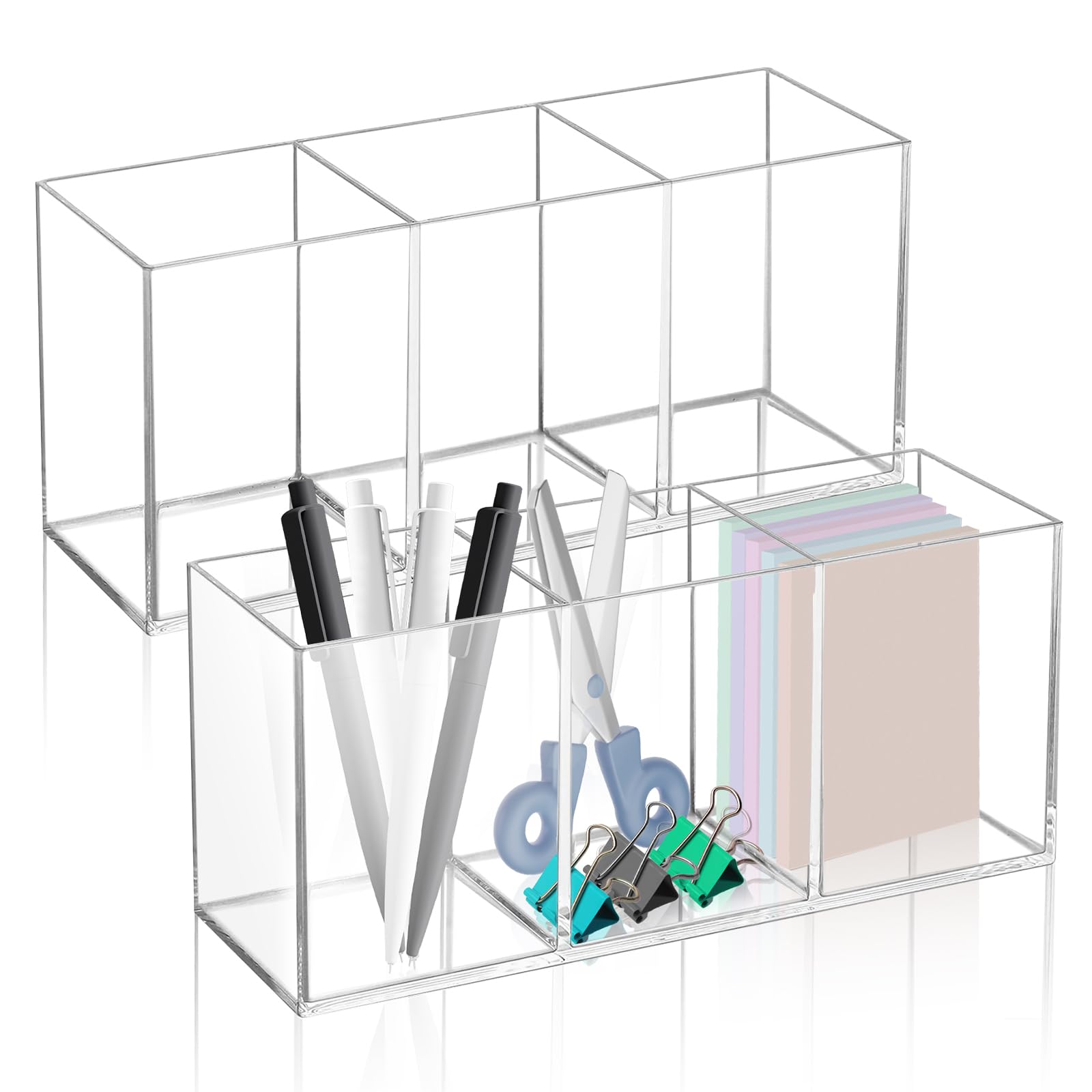 Realand 2Pcs Acrylic Pen Holder for Desk, 3 Compartments Clear Makeup Brush Holder Organizer, Pen Cup for Pencil Marker