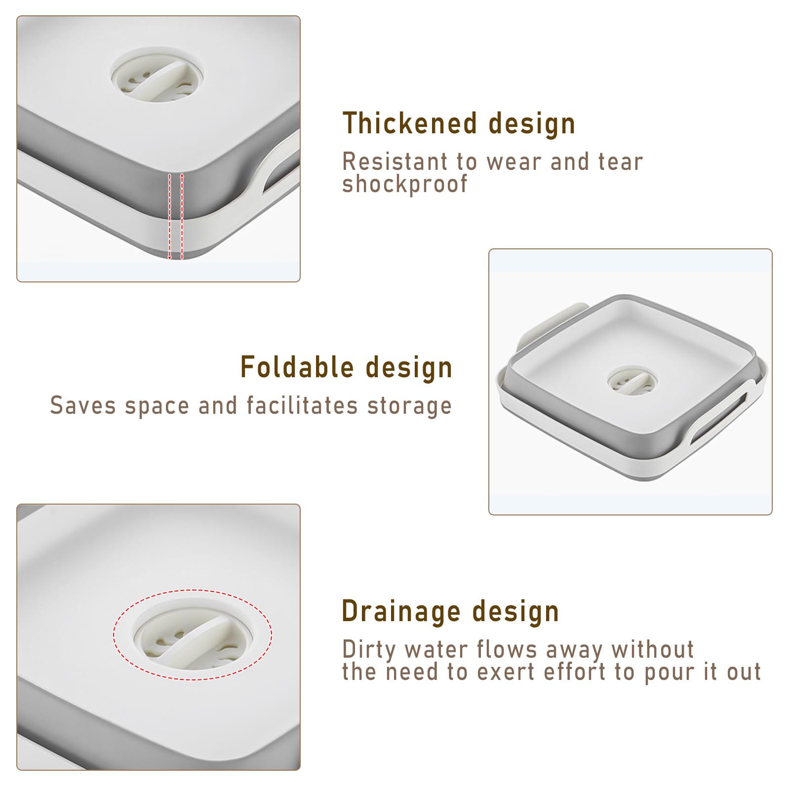 NIKONIKO Collapsible Sink, 9L Portable Wash Basin with Handle and Drain Plug, Grey
