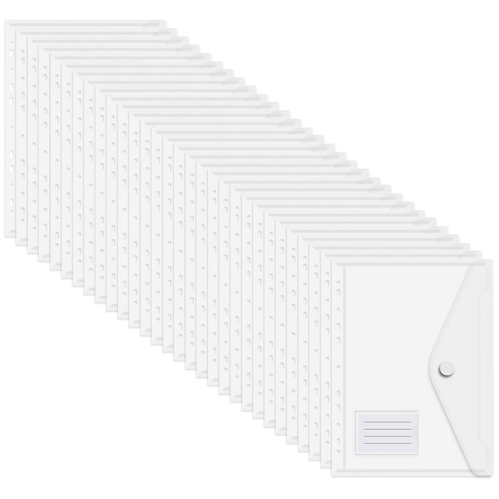 YoeeJob 11 Holes Clear Poly Envelope Binders Pocket Insert Pages with Card Slots, with Hook and Loop Closure Letter Size 30 Packs, Clear