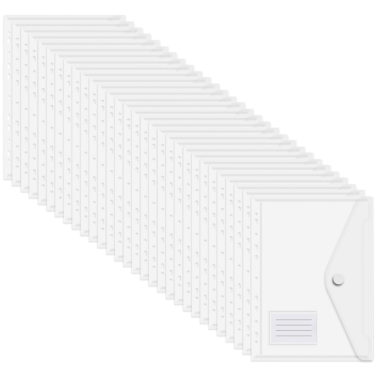 YoeeJob 11 Holes Clear Poly Envelope Binders Pocket Insert Pages with Card Slots, with Hook and Loop Closure Letter Size 30 Packs, Clear