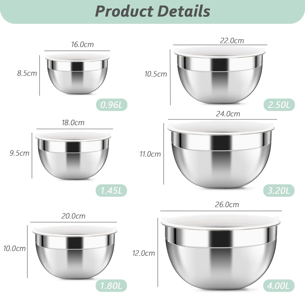 Luvan 18/10 304 Stainless Steel Mixing Bowl,Set of 6(1,1.5,1.9,2.6,3.4,4.2QT),with Airtight Lids,Nesting Bowls for Space Saving Storage,Dishwasher Safe, Great for Mixing,Baking, Prepping