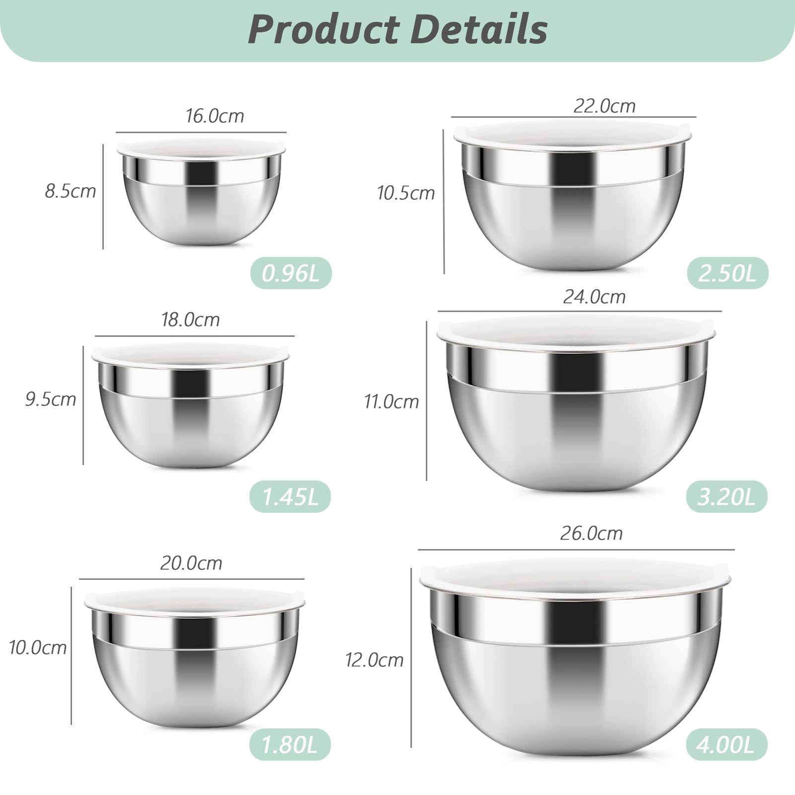 Luvan 18/10 304 Stainless Steel Mixing Bowl,Set of 6(1,1.5,1.9,2.6,3.4,4.2QT),with Airtight Lids,Nesting Bowls for Space Saving Storage,Dishwasher Safe, Great for Mixing,Baking, Prepping
