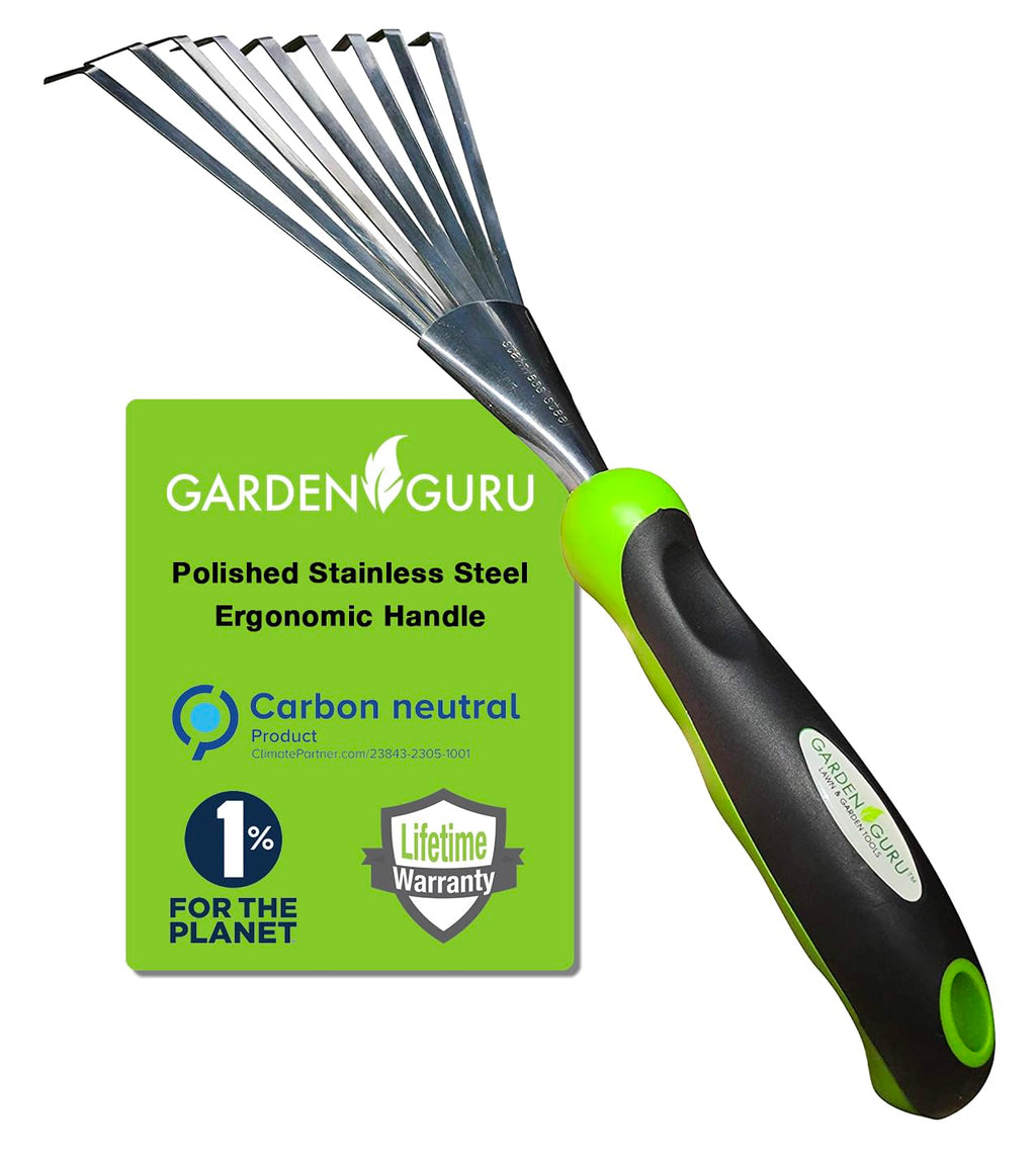 Garden GURU Stainless Steel Hand Rake Soil Tiller with Ergonomic Handle, Great for Gardening, Cultivating, Loosening Soil & Spreading Mulch