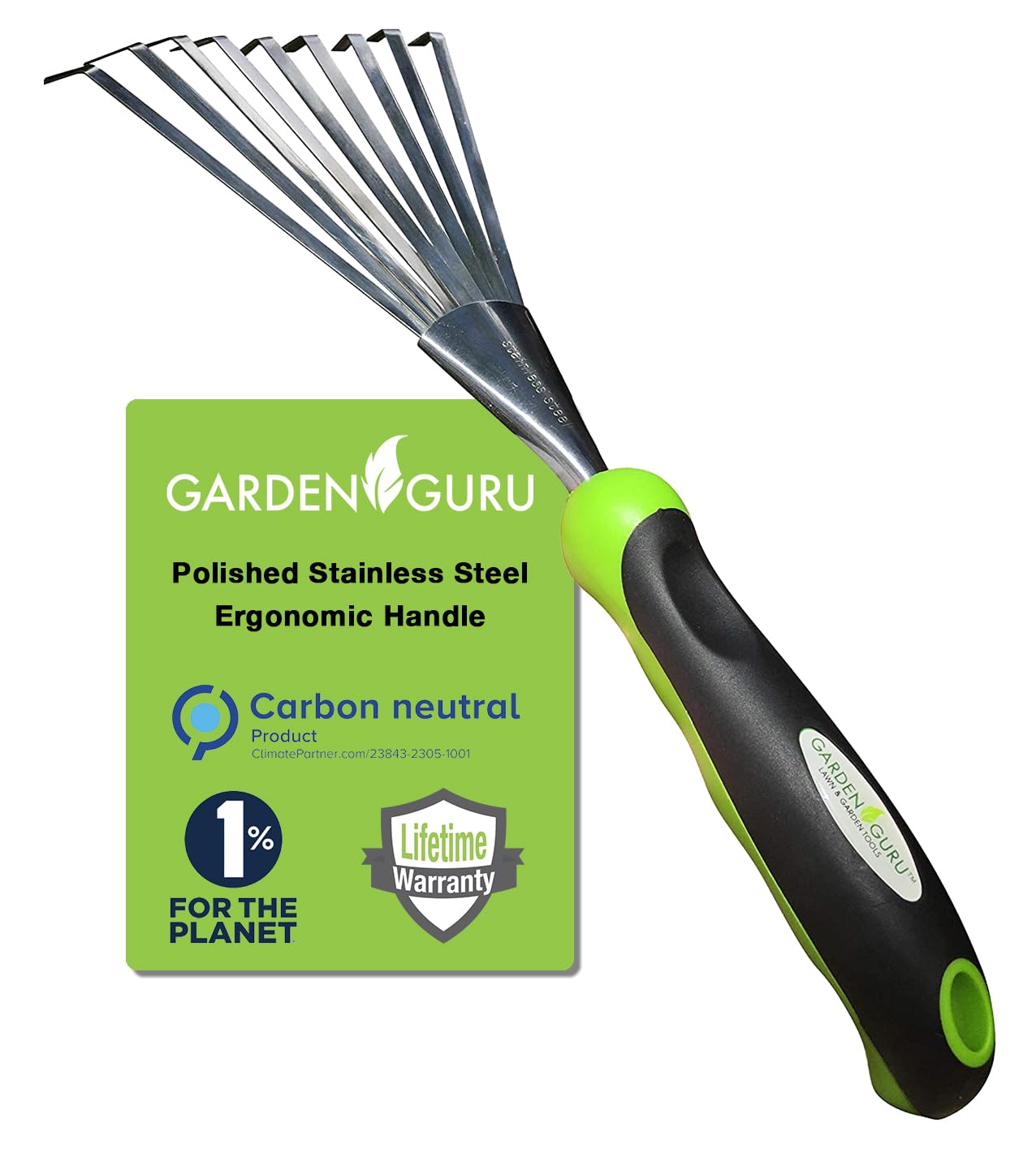 Garden GURU Stainless Steel Hand Rake Soil Tiller with Ergonomic Handle, Great for Gardening, Cultivating, Loosening Soil & Spreading Mulch