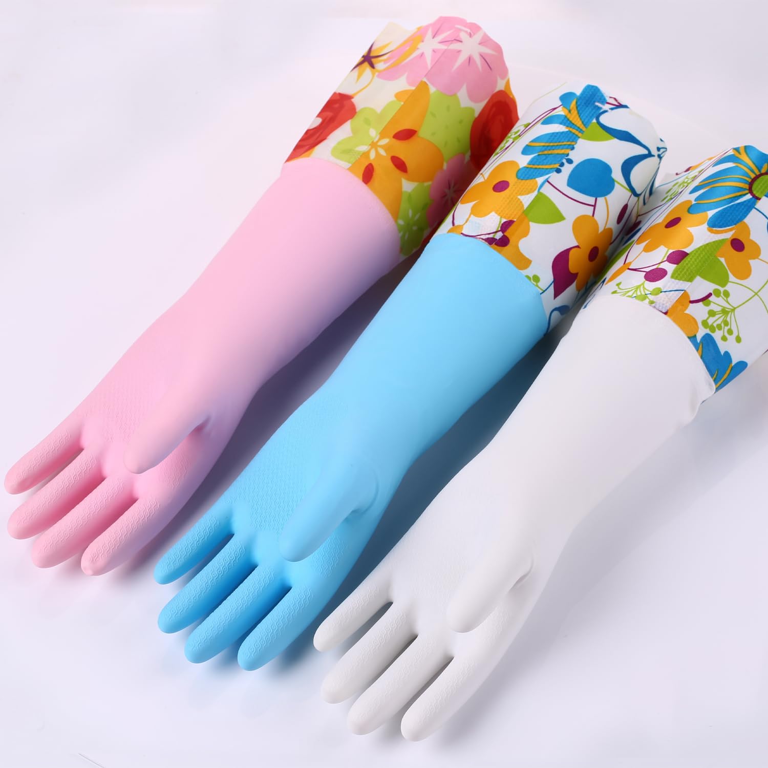 Bamllum 3 Pairs Rubber Cleaning Gloves for Dishwashing, Household Kitchen Dish Washing Gloves with Flocked Cotton Liner, Long Cuff 16", Reusable, Non-Slip (Medium)