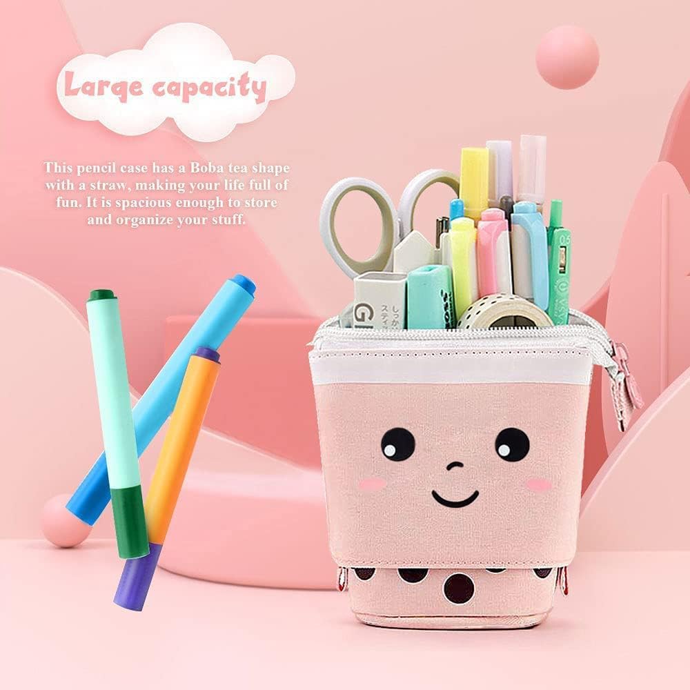 2 Pack Cute Pencil Case Standing Pen Holder Standing Pencil Case Cute Telescopic Kawaii Stationery Pouch Makeup Cosmetics Bag for School Students Office Women Teens Girls Boys,Pink&Brown