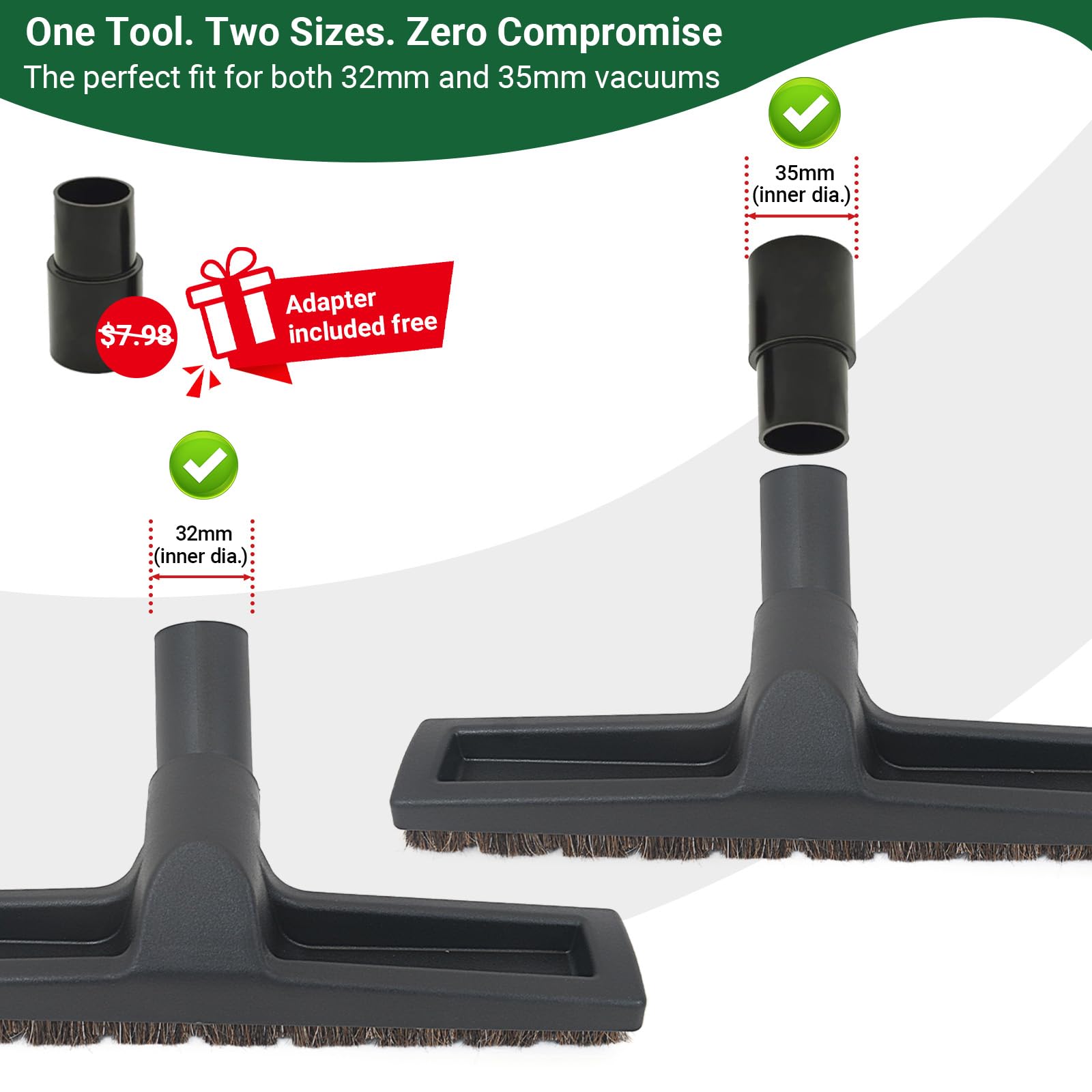 EZ SPARES Universal Horsehair Vacuum Brush Head,12" Lengthen Soft Bristle Tool for Hardwood Floor Vacuum Attachment,Compatible with Hoover,Eureka,Royal,Dirt Devil,Rainbow,Most Brand(Include a Adapter)