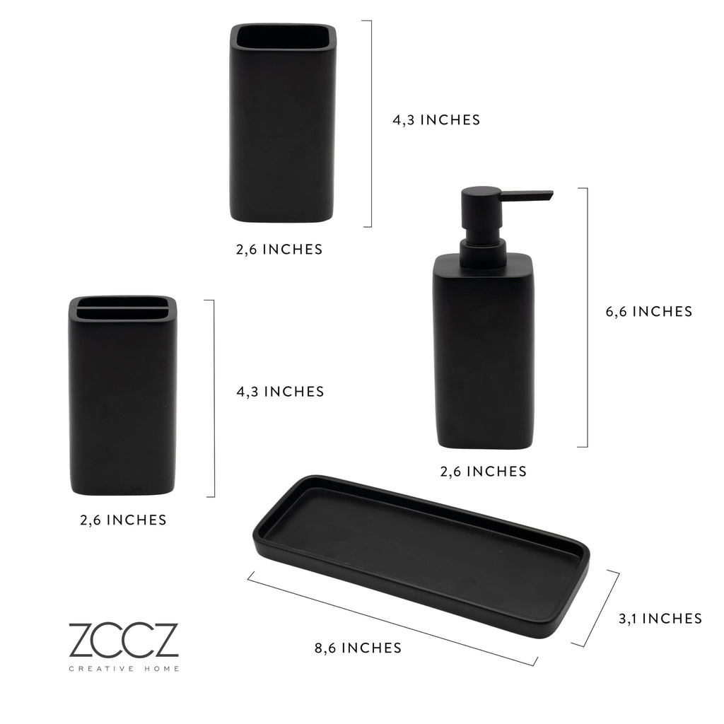 zccz Black Matte Bathroom Accessory Set - Bathroom Set with Toothbrush Holder, Soap Dispenser, Tumbler and Tray - Bathroom Soap Dispenser Set - Accessoire Salle de Bain - Black Bathroom Accessories
