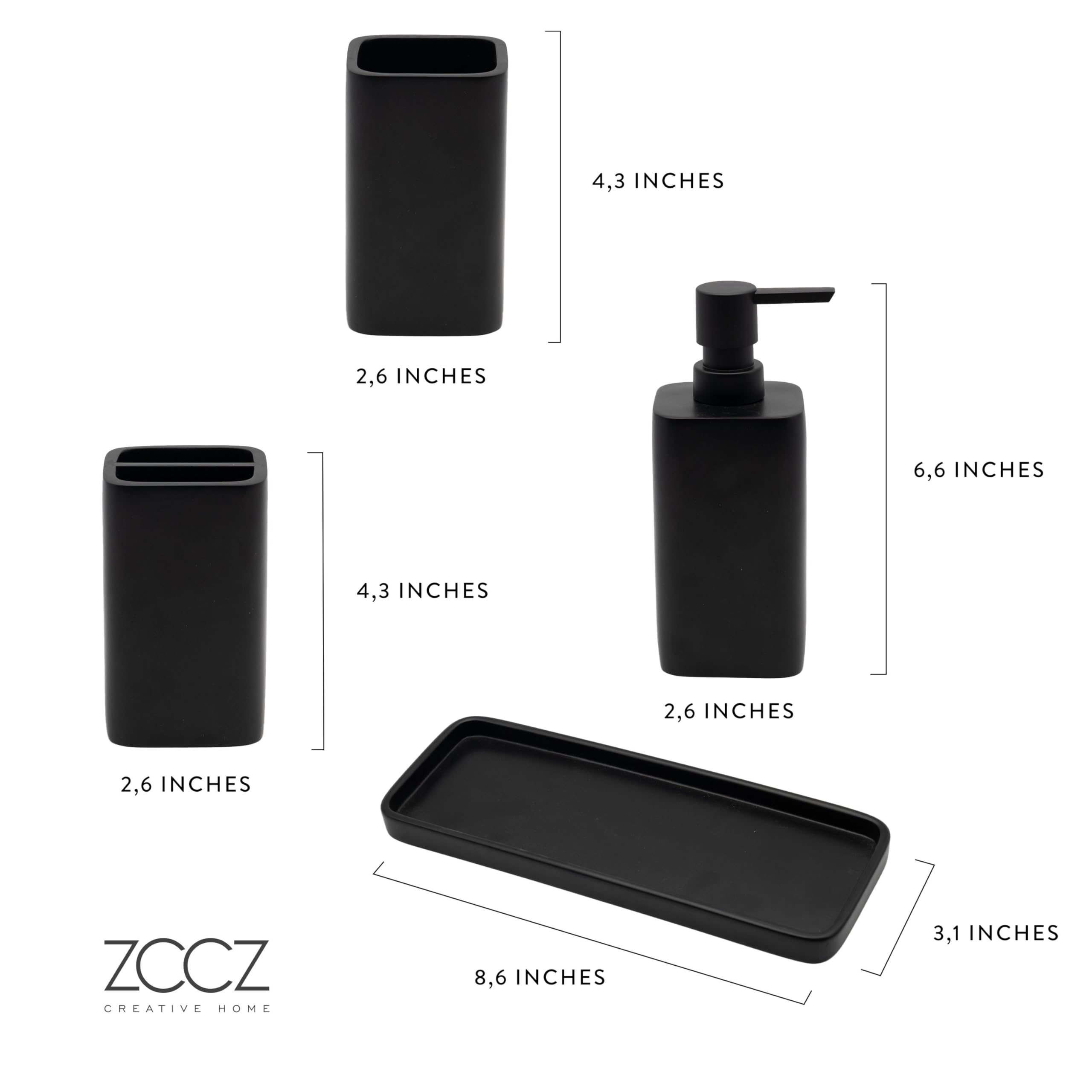 zccz Black Matte Bathroom Accessory Set - Bathroom Set with Toothbrush Holder, Soap Dispenser, Tumbler and Tray - Bathroom Soap Dispenser Set - Accessoire Salle de Bain - Black Bathroom Accessories