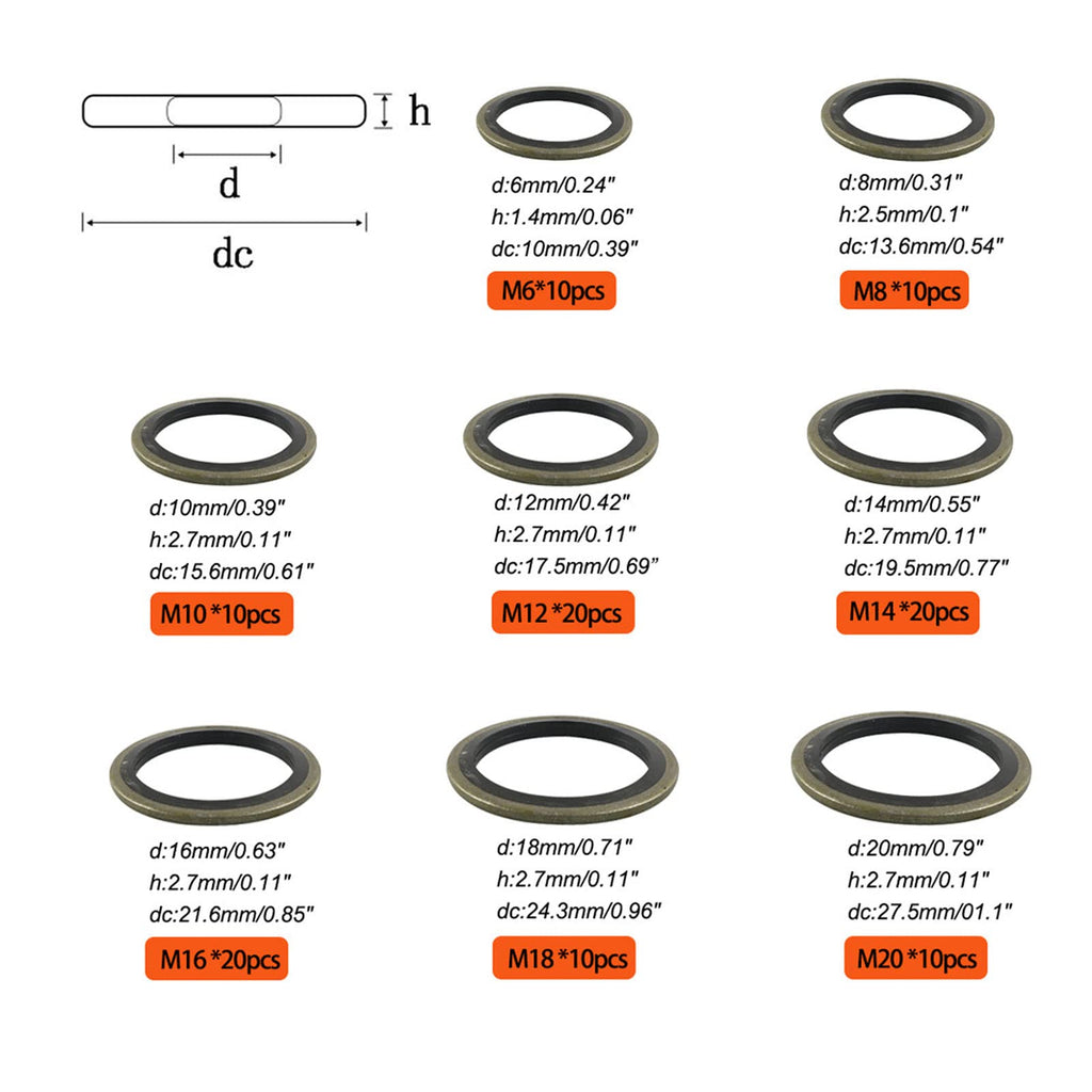 110 Pcs 8 Sizes Oil Seal Washer Automotive Drain Plug Gaskets Oil Crush Washers M6 M8 M10 M12 M14 M16 M18 M20