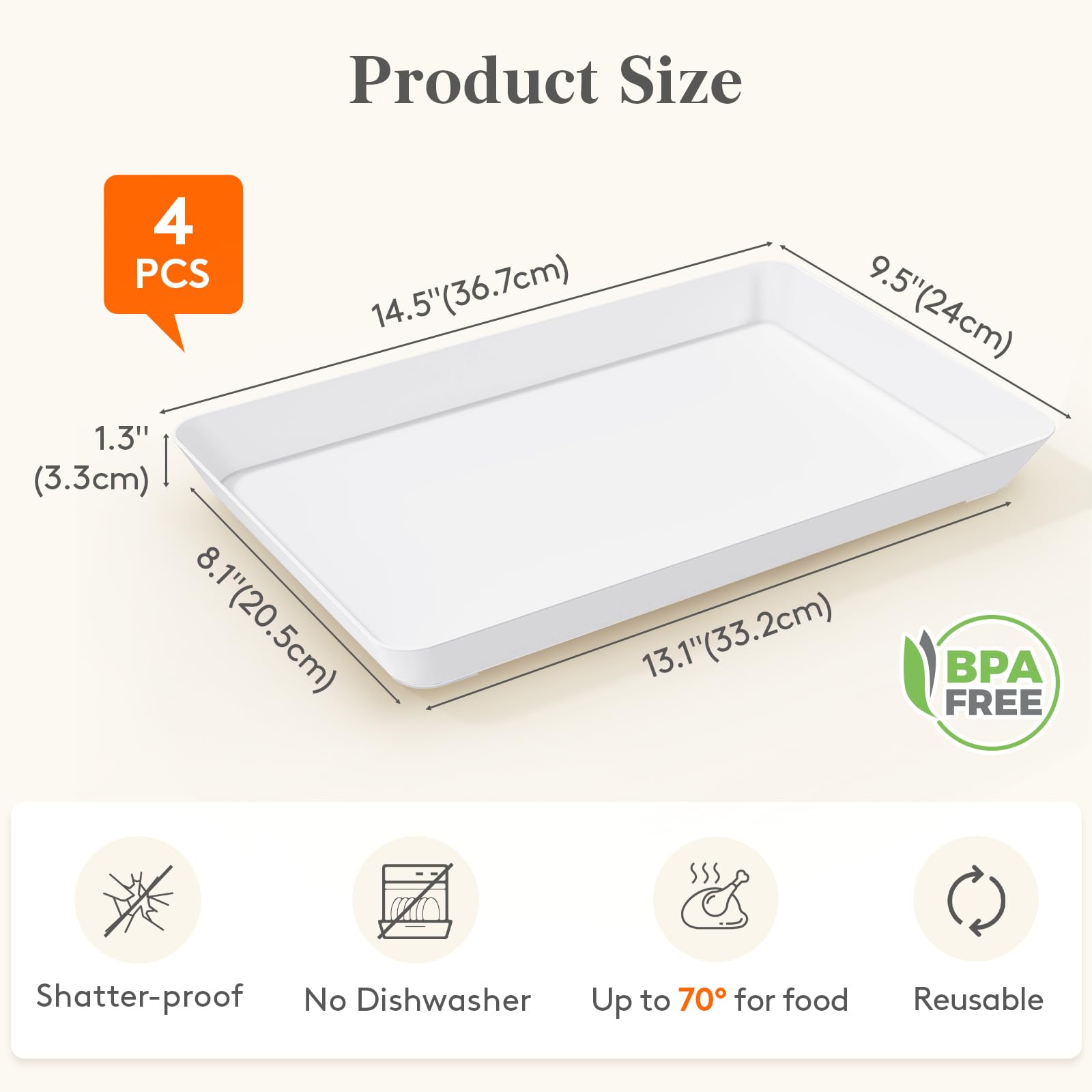 Lifewit Plastic Serving Tray, Serving Platters for Party, BPA Free Reusable Food Tray for Snacks, Food, Cookies, Set of 4, 14.45" x 9.45"