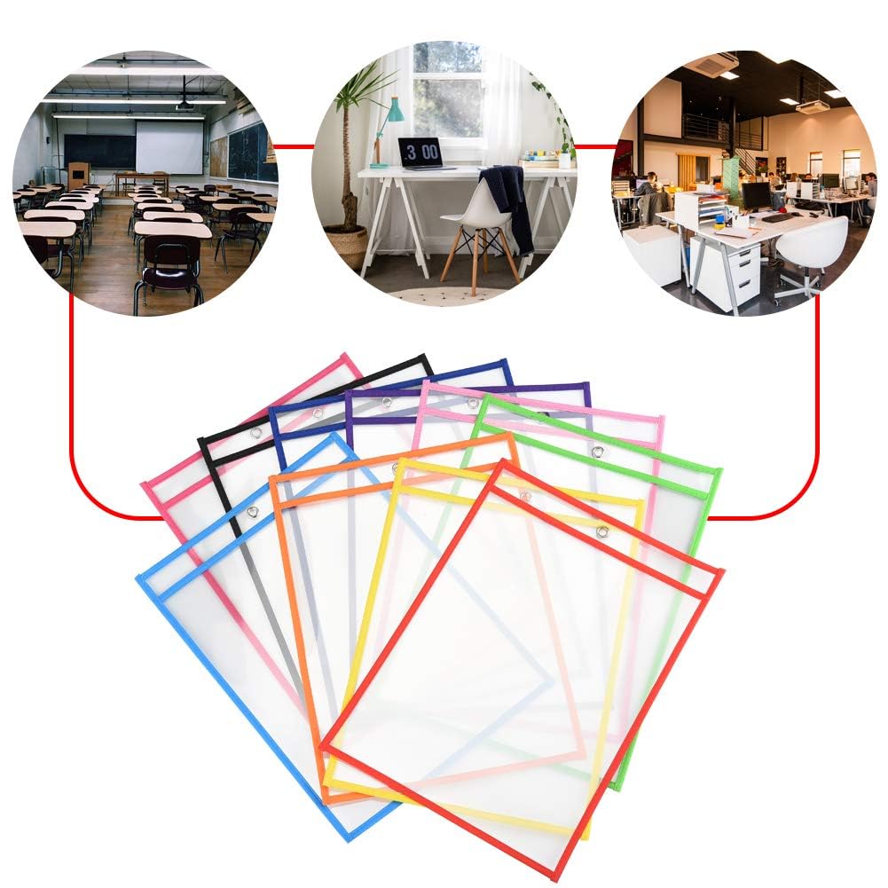 20 Pcs Reusable Dry Erase Pockets Sleeves, 13.6" X 10" Job Ticket Holders, Clear Dry Erase Sheet Protectors for Office School Classroom & More, 10 Colors