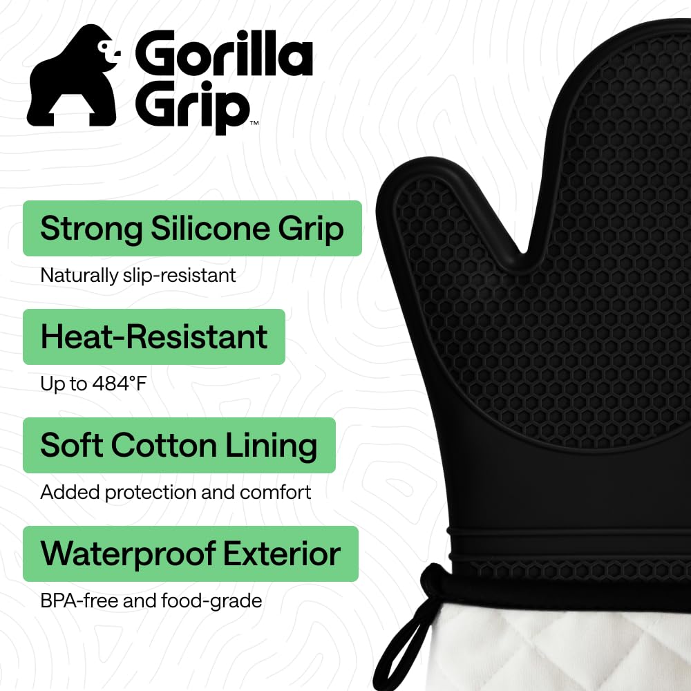 GORILLA GRIP Heat Resistant Silicone Oven Mitts Set, Soft Quilted Lining, Extra Long, Waterproof Flexible Gloves for Cooking and BBQ, Kitchen Mitt Potholders, Easy Clean, Set of 2, Black