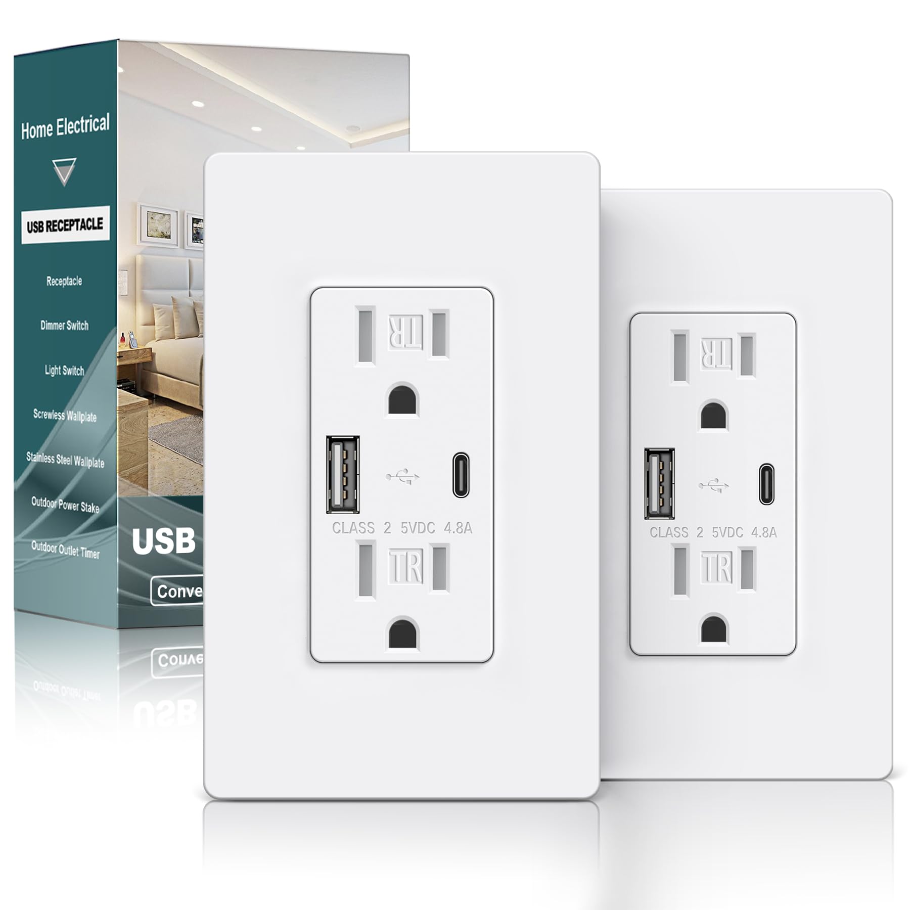 BESTTEN 2 Pack USB C Wall Outlet, 24W 4.8A Type C & Type A USB Receptacle, 15 Amp Tamper Resistant Electrical Outlet with USB Ports, Self-Grounding, Screwless Wall Plate Included, cUL Listed, White