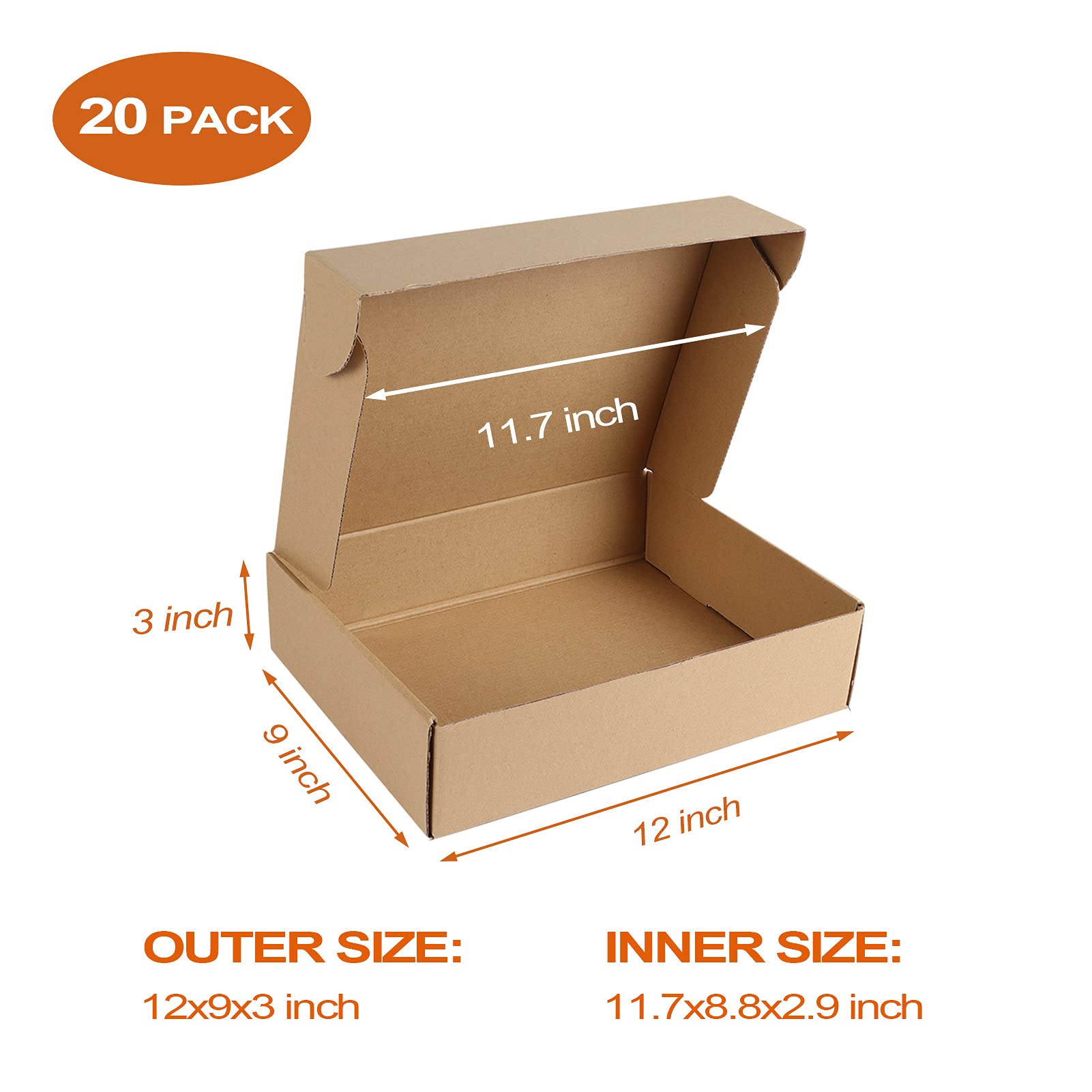 PHAREGE 12x9x3 inch Shipping Boxes 20 Pack, Brown Cardboard Shirt Gift Boxes with Lids for Wrapping Giving Women Men Presents, Corrugated Mailer Boxes for Packaging Mailing Small Business