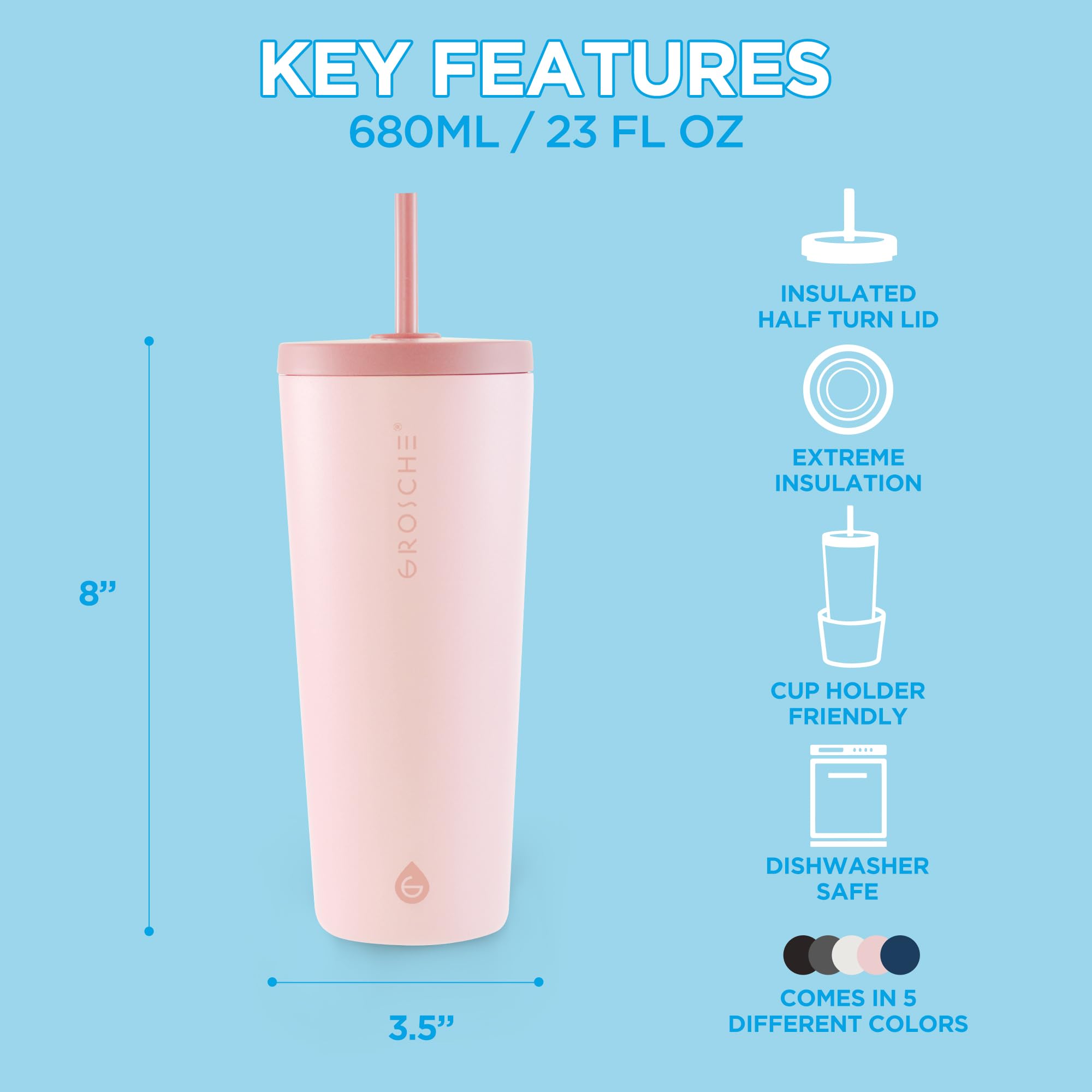 GROSCHE Jasper Tumbler with Straw. Extreme Insulation, Classy Design, Built to Last, Insulated Stainless Steel Tumbler with Lid and Straw, Perfect for Iced Coffee, Canadian Brand! - 23 fl oz, Pink