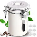 Olyzer Stainless Steel Coffee Canister 22 oz, Airtight Coffee Storage Container with Scoop, Date Tracker & CO2 Releasing Valves, for Grounds and Beans, White