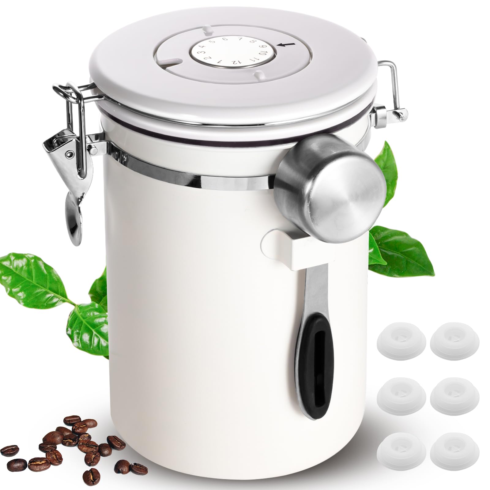 Olyzer Stainless Steel Coffee Canister 22 oz, Airtight Coffee Storage Container with Scoop, Date Tracker & CO2 Releasing Valves, for Grounds and Beans, White