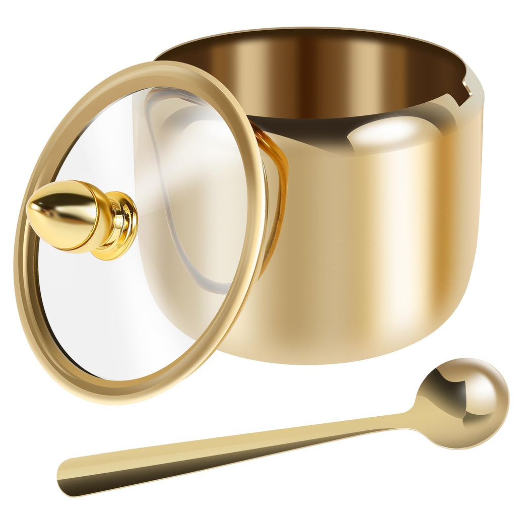 Spice Jar 304 Stainless Steel Sugar Container 10oz Sugar Jar with Clear Glass Lid and Spoon Gold Sugar jar Dishwasher Safe Seasoning Box Condiment Pot for Salt Candy Coffee Bean