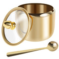 Spice Jar 304 Stainless Steel Sugar Container 10oz Sugar Jar with Clear Glass Lid and Spoon Gold Sugar jar Dishwasher Safe Seasoning Box Condiment Pot for Salt Candy Coffee Bean