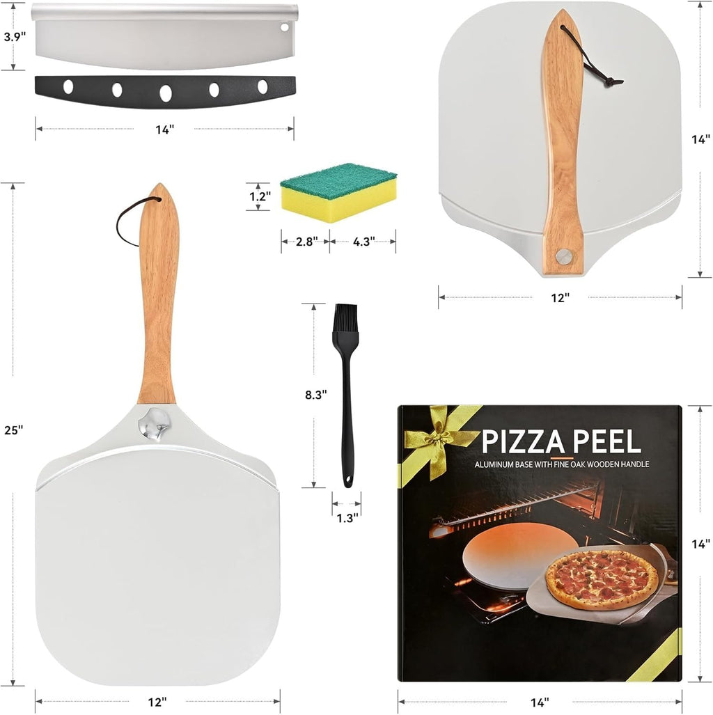 Professional Aluminum Pizza Peel, 30.5 x 35.5 cm Metal Paddle with Foldable Wood Handle and Rocker Cutter for Baking Homemade Pizza and Bread