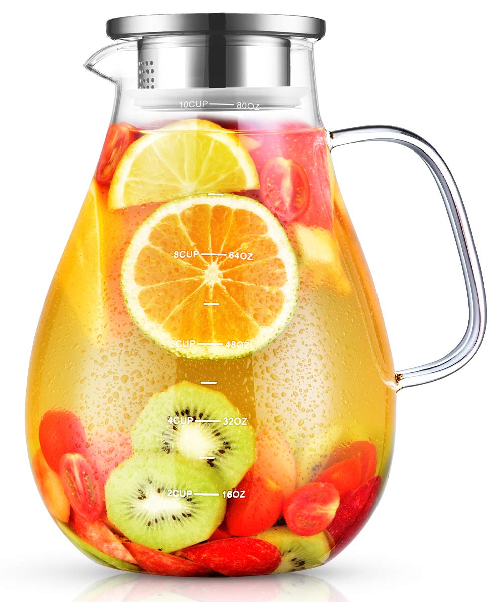 Glass Pitcher, veecom 80oz Water Pitcher with Lid, 2.4L Large Glass Pitcher with Lid and Spout for Hot&Cold Beverage, Juice, Iced Tea Pitcher for Fridge, Borosilicate Glass Carafe/Jug with Brush